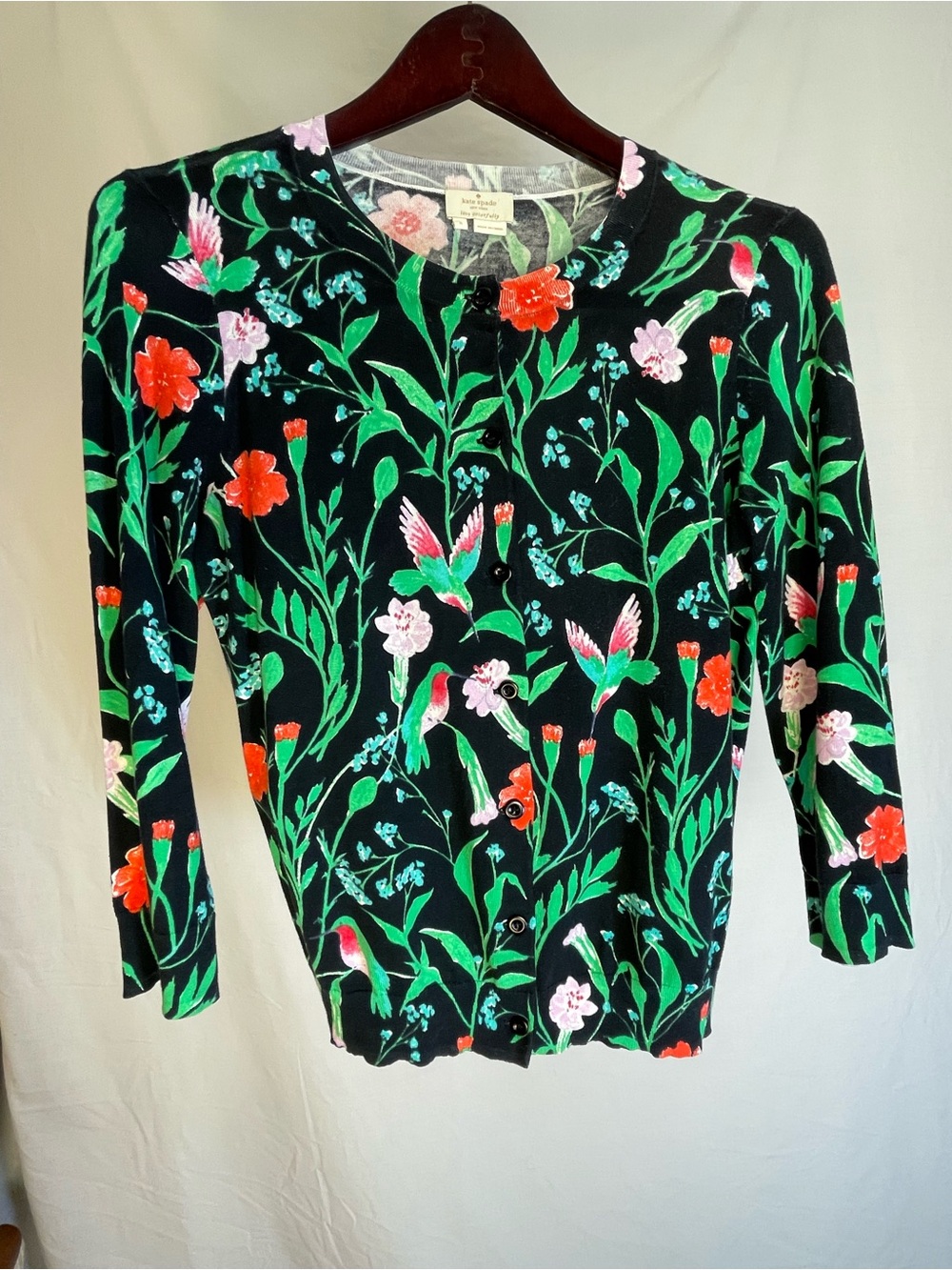 Kate Spade Hummingbird Cardigan Black Red and Green Bird Print Sweater Size S